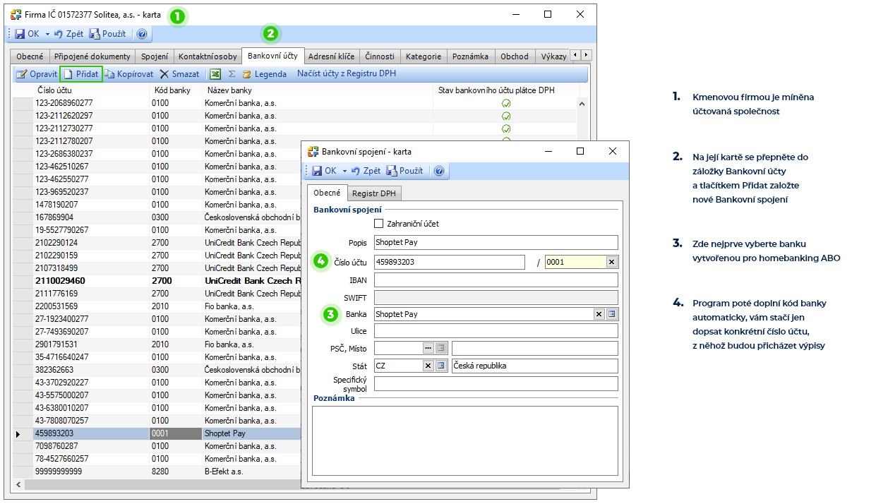 Bankovní spojení na kmenové kartě firmy