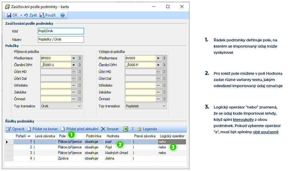 Průvodce importem bankovního výpisu ABO – jiná konfigurace řádků podmínky
