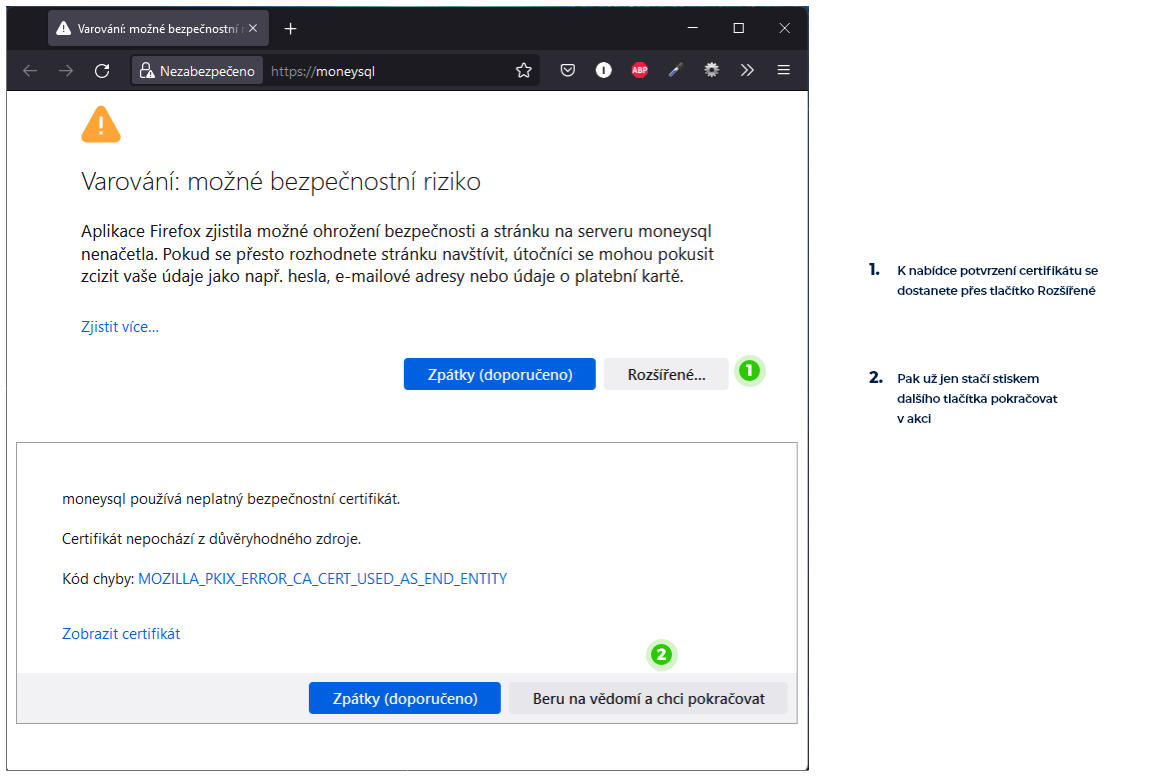 Potvrzení důvěryhodnosti samopodepsaného certifikátu