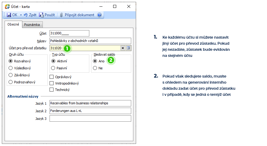Nastavení účtu pro převod zůstatku