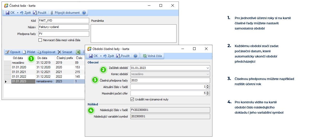 Příklad nastavení období číselné řady pro faktury vydané