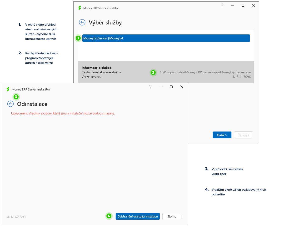 Odinstalování (aktualizace/oprava) Money ERP Serveru