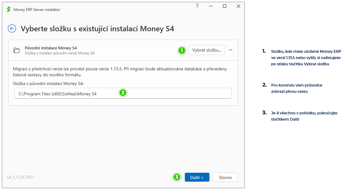 Aktualizace starší verze – výběr složky