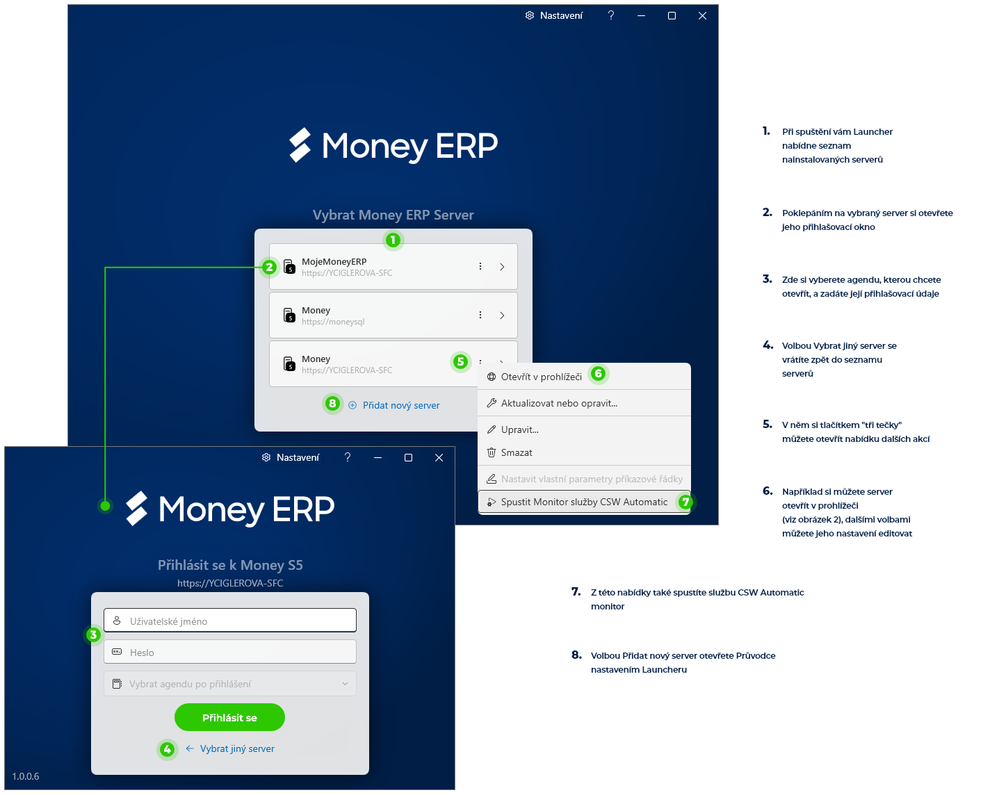 Přihlašovací okno do Money ERP a CSW Automatic